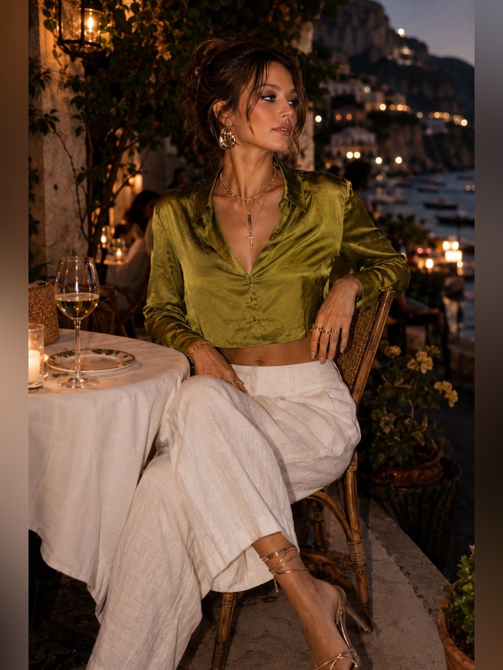 House of Harlow 1960 Cropped Satin Blouse Green Button Long Sleeve Medium N - Picture 4 of 11